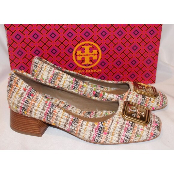 Tory Burch Georgia Pumps Pink Multi Tweed Women' Heels Logo Medallion NEW SZ 8 - Picture 1 of 6